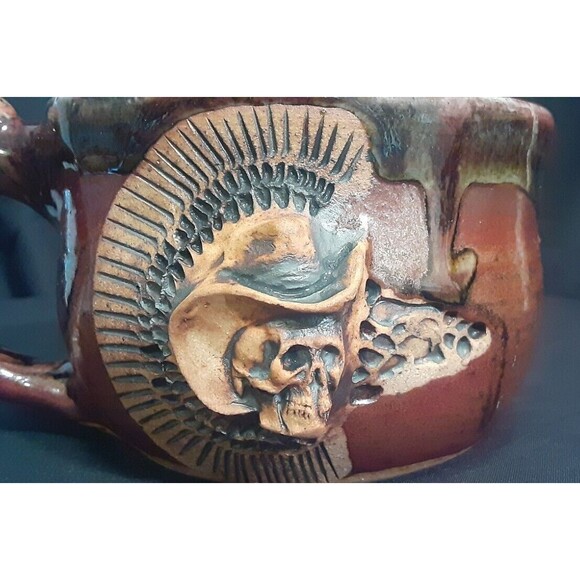 Skull "Morning Courage" Strong Medicine Coffee Mug Handmade Studio Pottery 16 oz - Picture 8 of 11